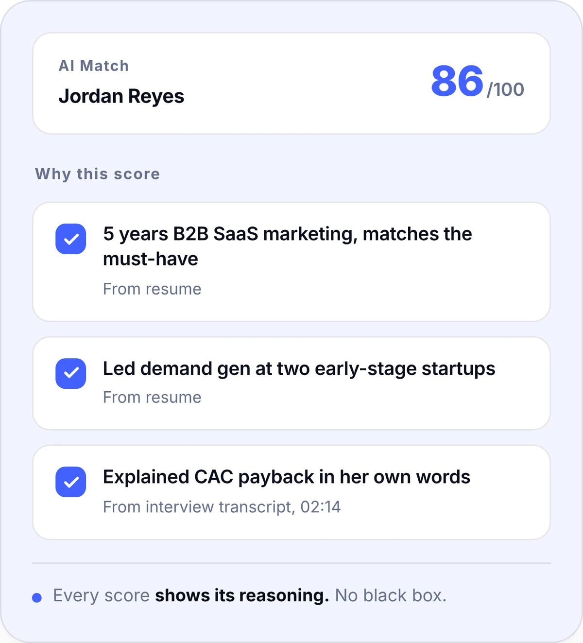 A match score of 86 with its reasoning: each point cites the resume or interview transcript, showing the score is no black box