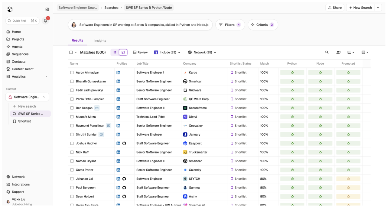 Juicebox PeopleGPT natural-language candidate search results
