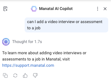 Manatal's AI copilot answering a question about adding a video interview or assessment by pointing to the support site