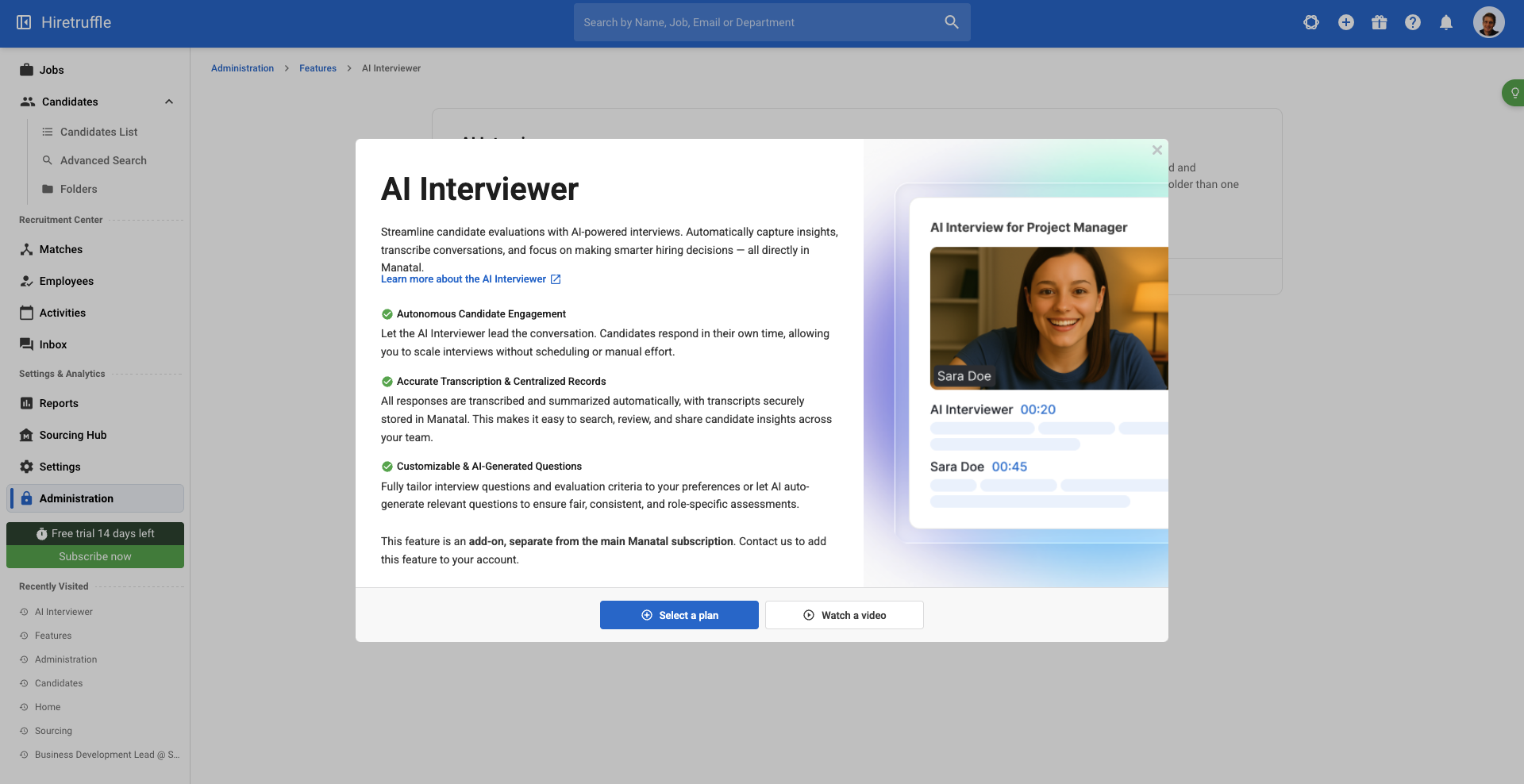 Manatal's AI interviewer settings, available on paid plans only
