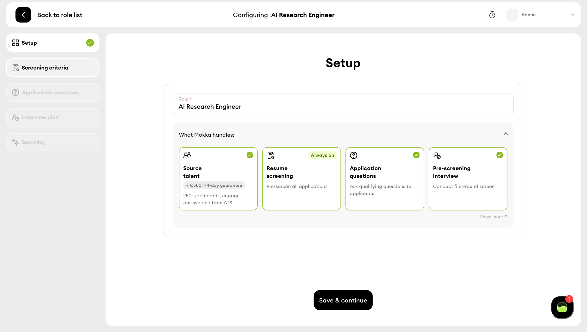 Mokka's application questions with a reject rule on work authorization and a sidebar explaining that rejected candidates land in an auto-rejected tab
