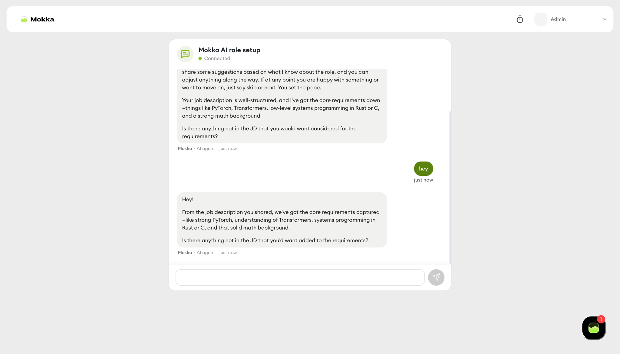 Mokka's AI role setup chat listing the core requirements it pulled from the job description and asking what else to consider