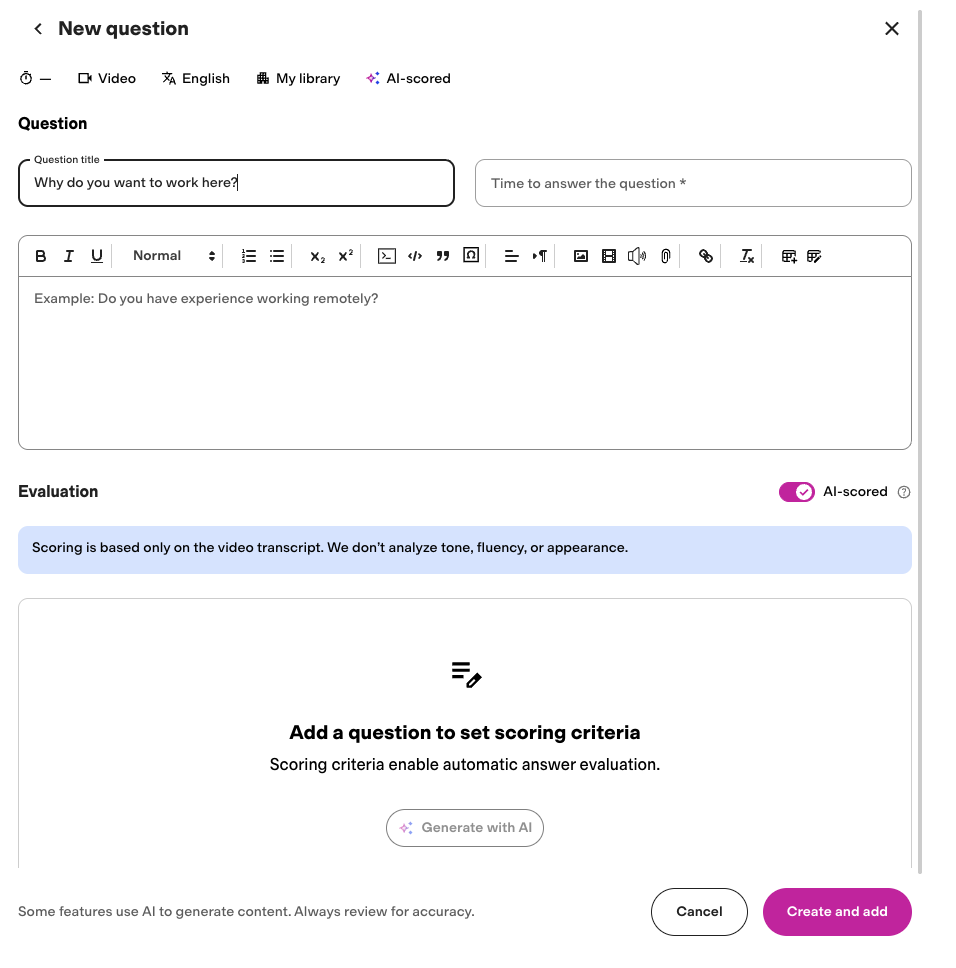 TestGorilla's new question dialog with AI-scored toggled on and a note that scoring is based only on the video transcript