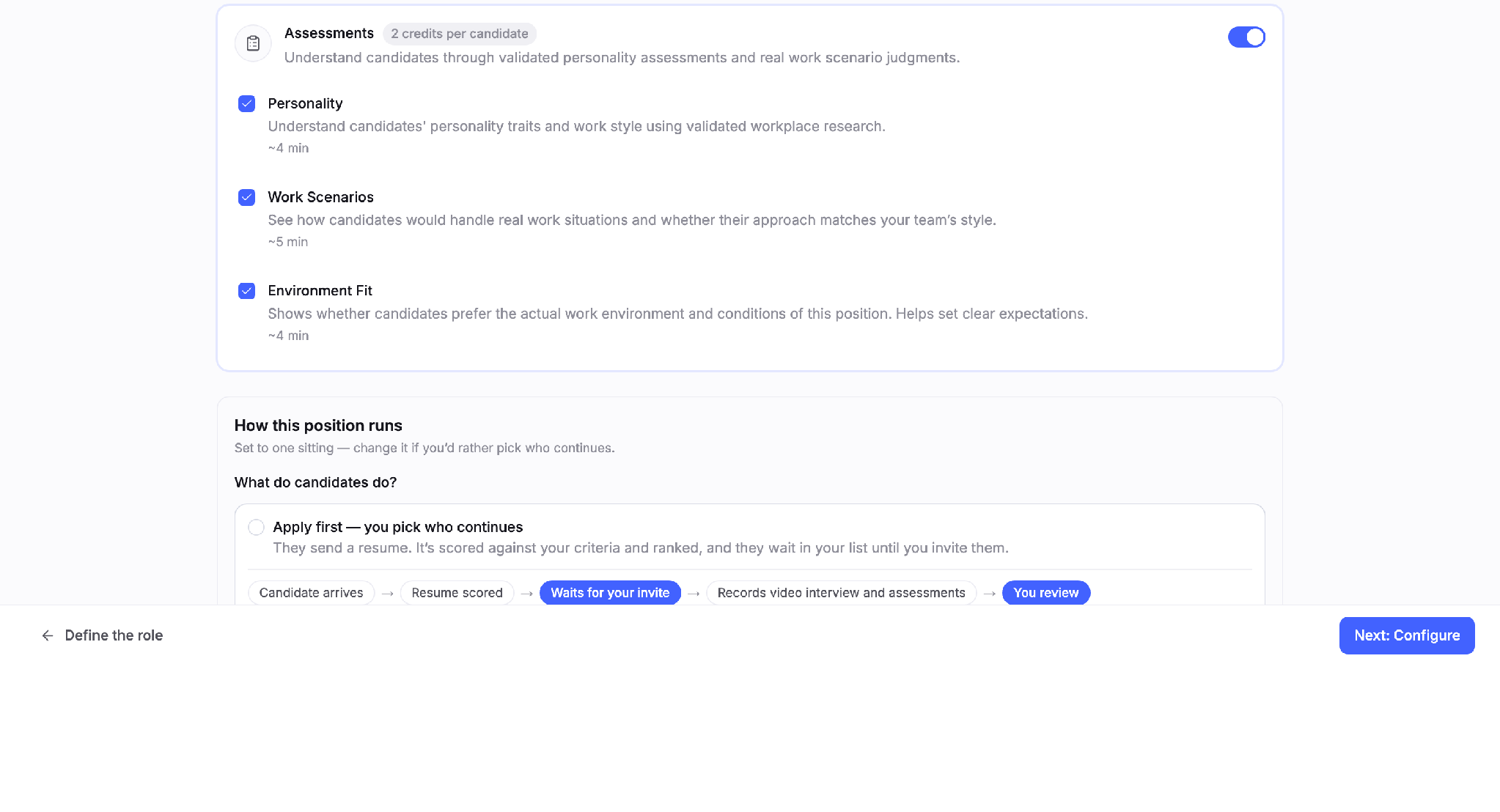 Truffle's build the screen step with resume, qualification checks, video interview and assessments toggled on, each showing its credit cost