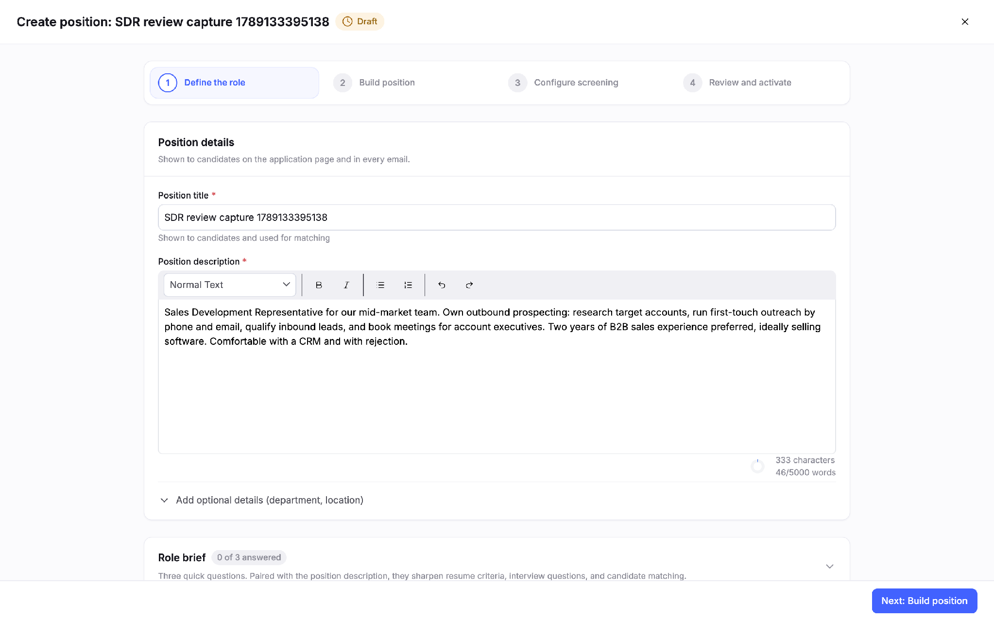 Truffle's create position step one: a title field, the pasted job description, and a three-question role brief