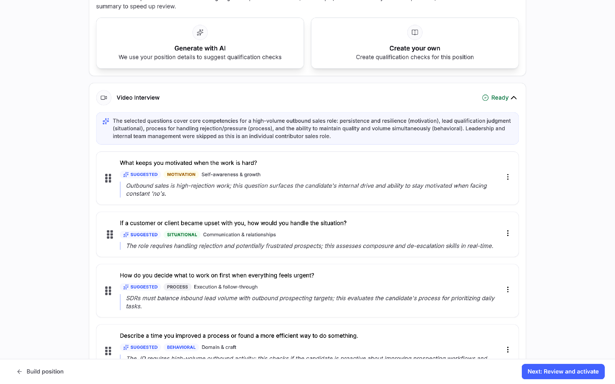 AI-suggested interview questions, each labelled suggested with a competency tag and a one-line reason it was chosen