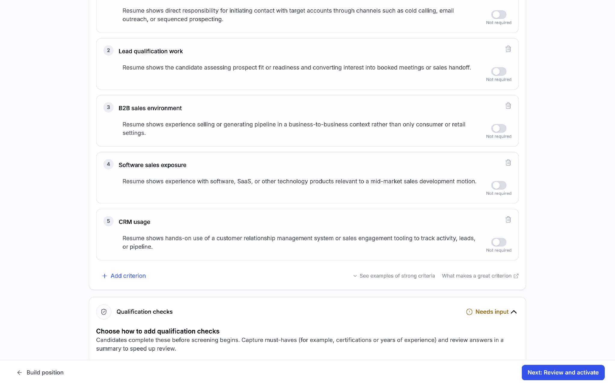 Five resume criteria drafted from the job description, each with a definition and a required toggle
