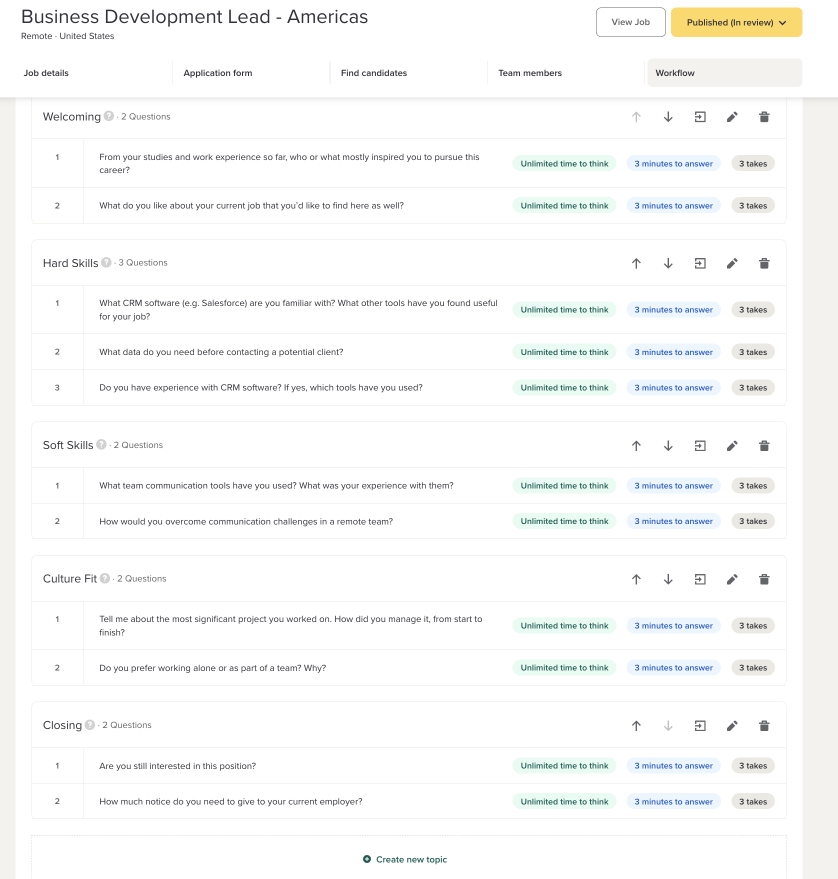 Workable's AI-generated interview: 11 questions in five topics, each with unlimited thinking time, 3 minutes to answer and 3 takes