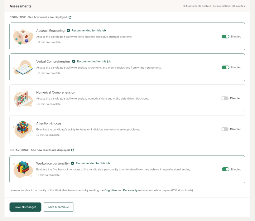 Workable's assessments panel with three recommended assessments enabled and an estimated time of 38 minutes