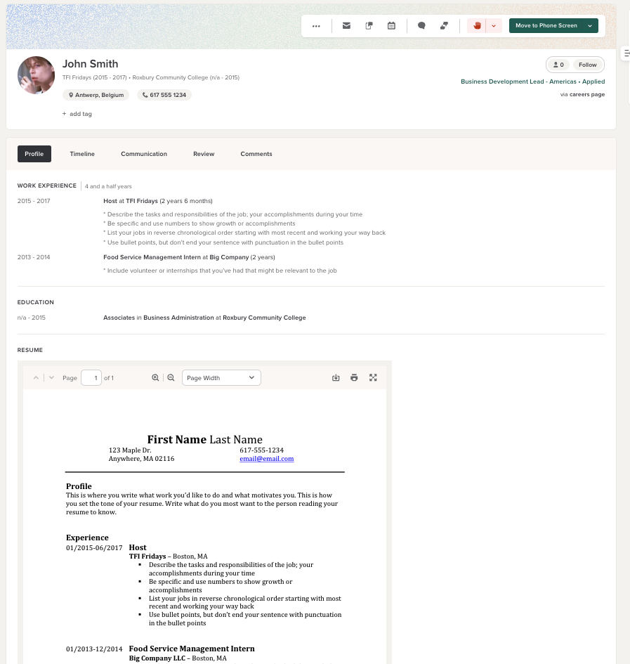 A parsed candidate profile in Workable showing work experience, education and the resume PDF, with no AI review