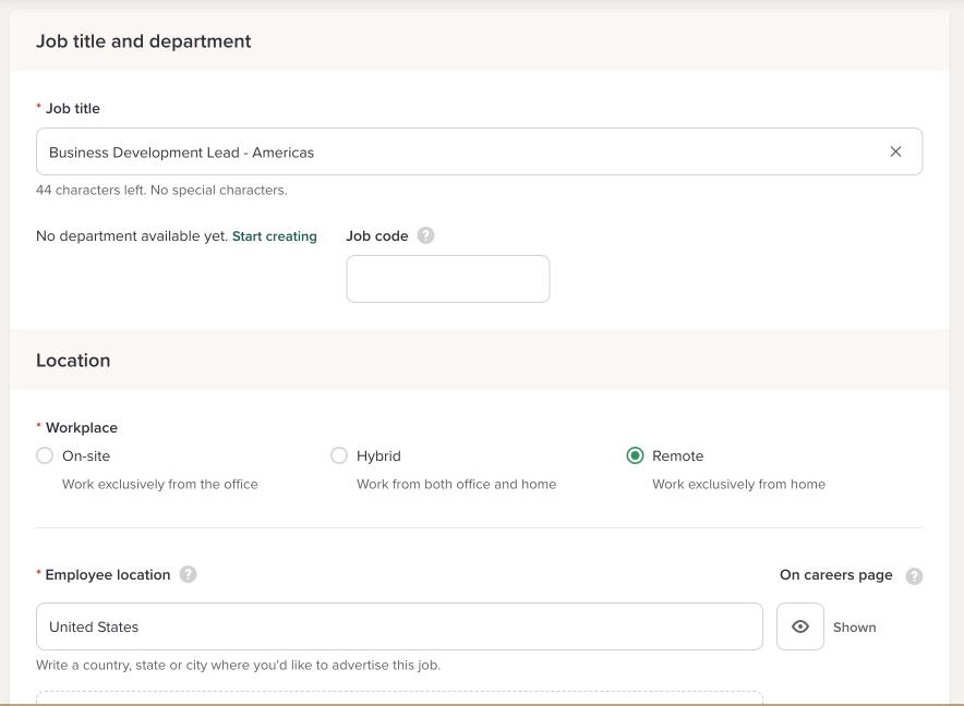 Workable's job form with separate fields for title, job code, workplace type and employee location