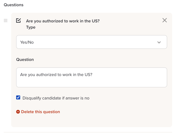 A yes/no application question in Workable, "Are you authorized to work in the US?", with the disqualify option ticked