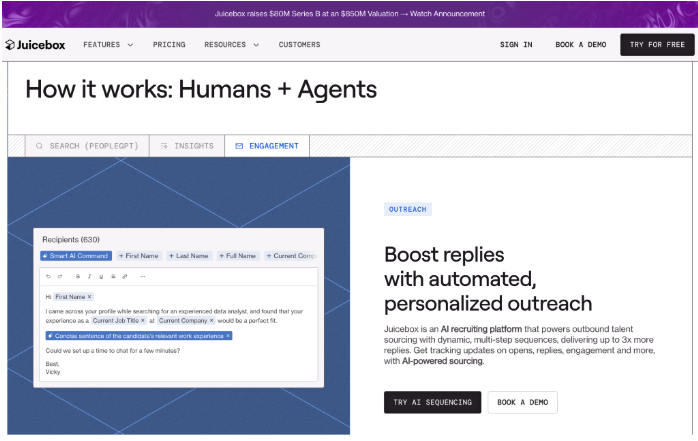 Juicebox engagement view showing an AI-composed, personalized outreach email to a list of recipients alongside automated sequencing