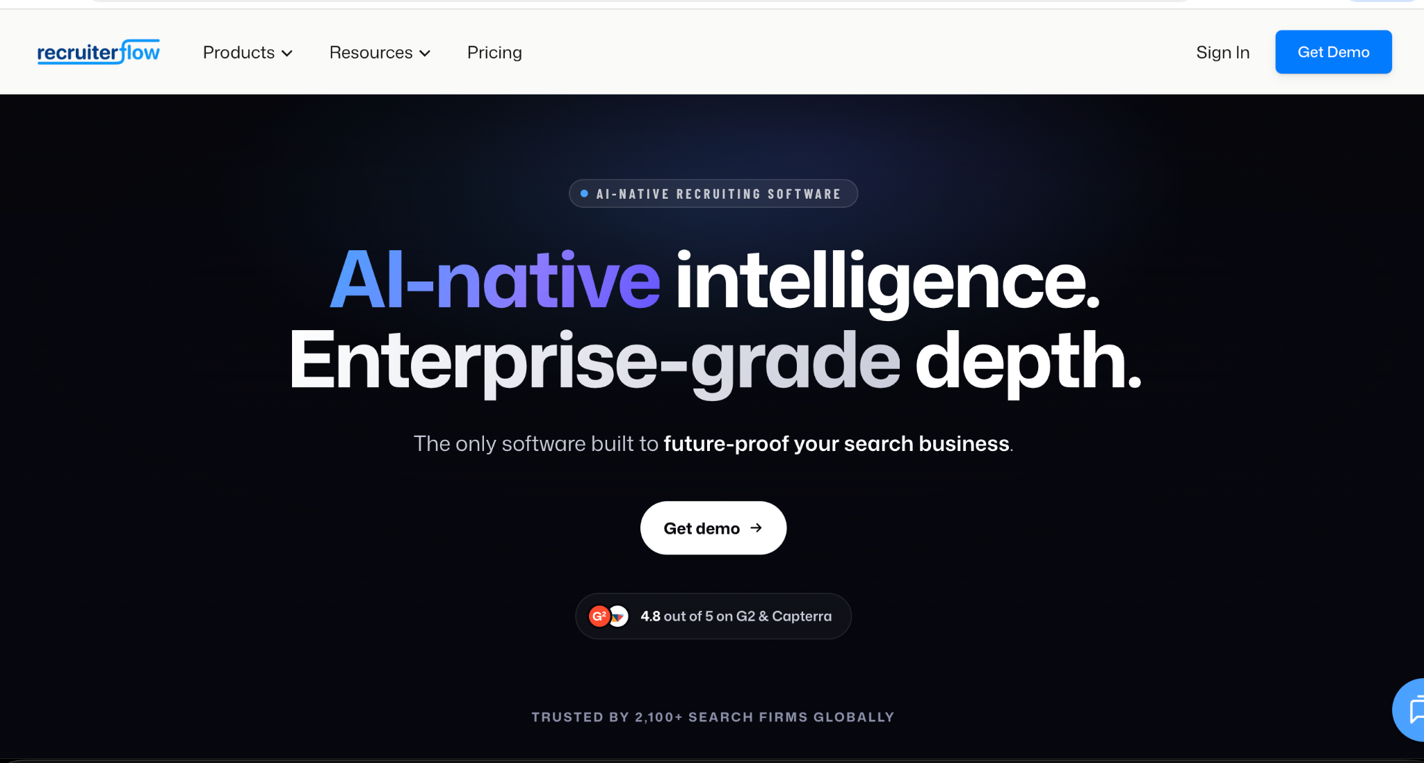 Recruiterflow homepage promoting an AI-native recruiting and executive search platform built for search firms