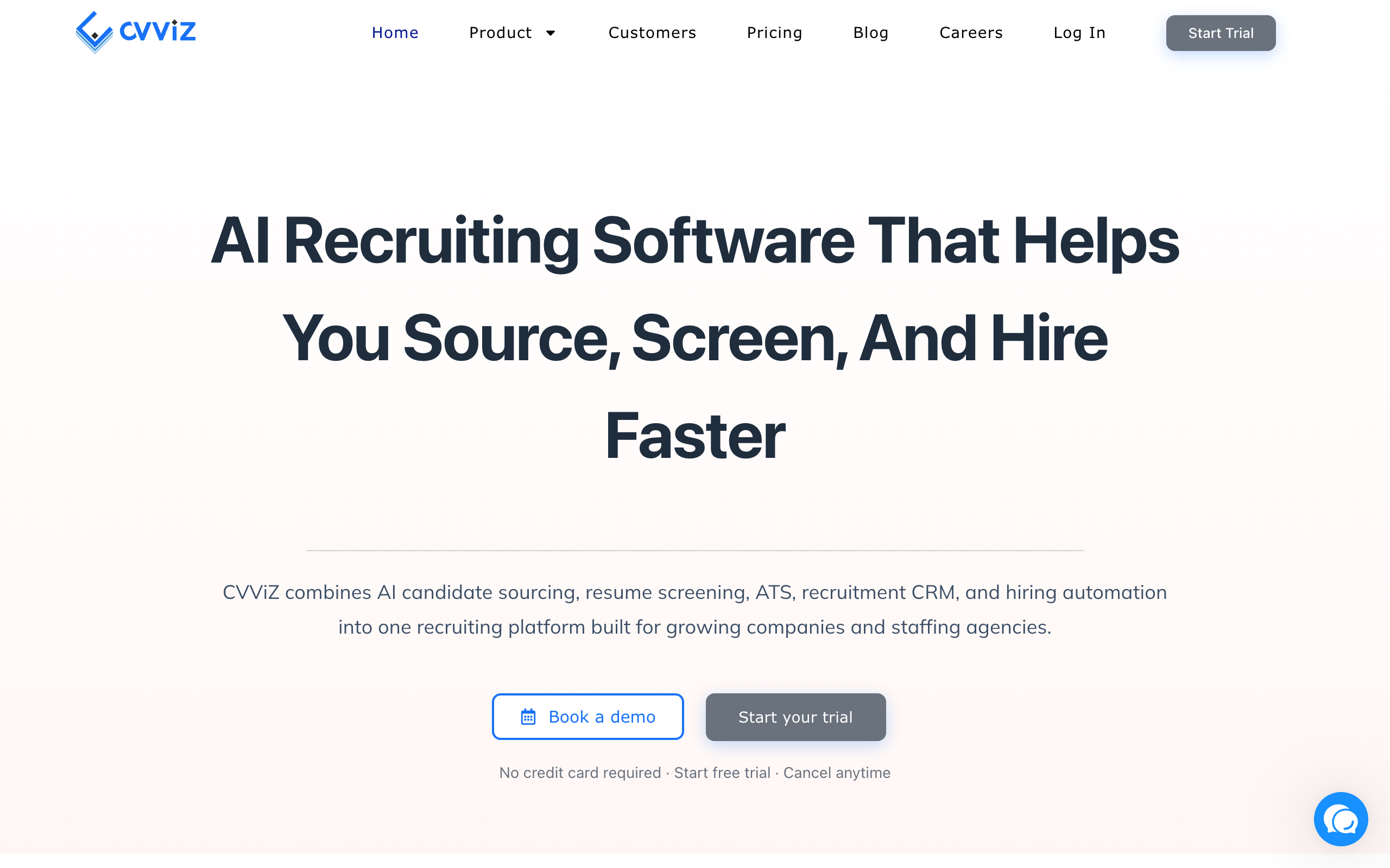 CVViZ homepage, AI recruiting software for sourcing, resume screening, and hiring