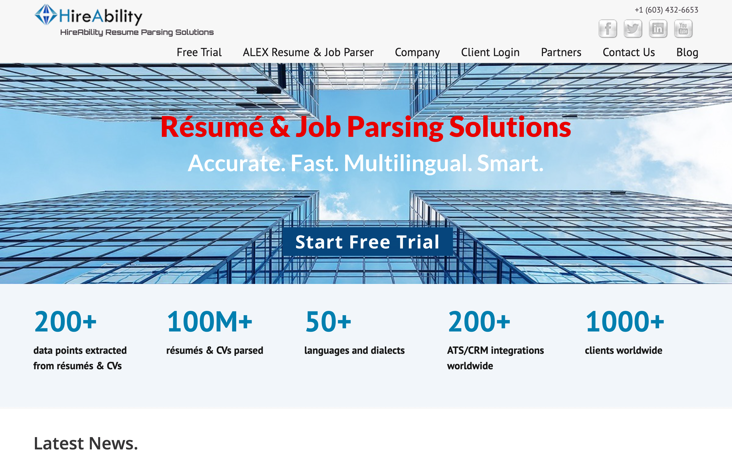 HireAbility homepage, the ALEX resume and job parsing API with multilingual support