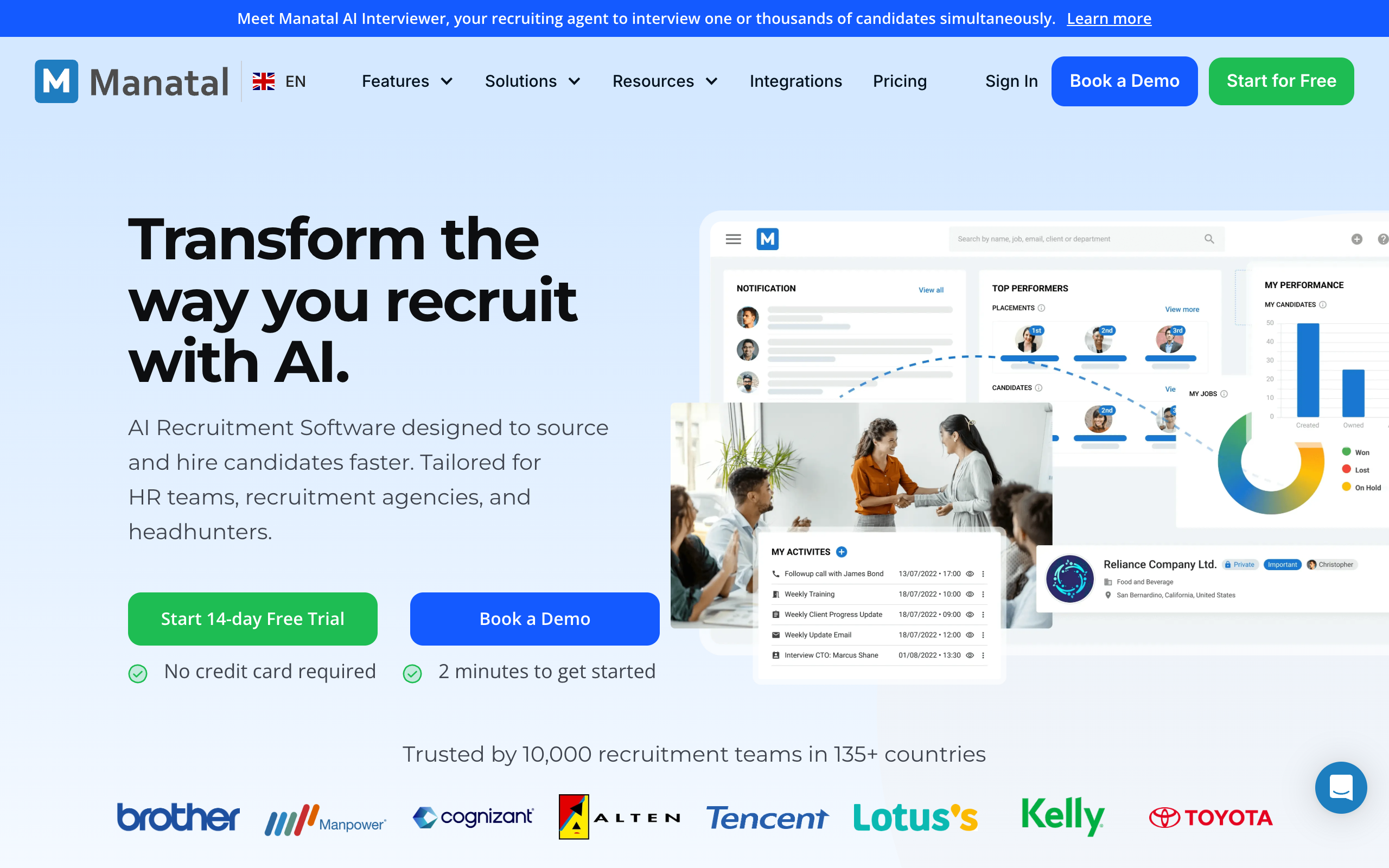 Manatal homepage, an all-in-one recruitment ATS with AI candidate matching and resume parsing