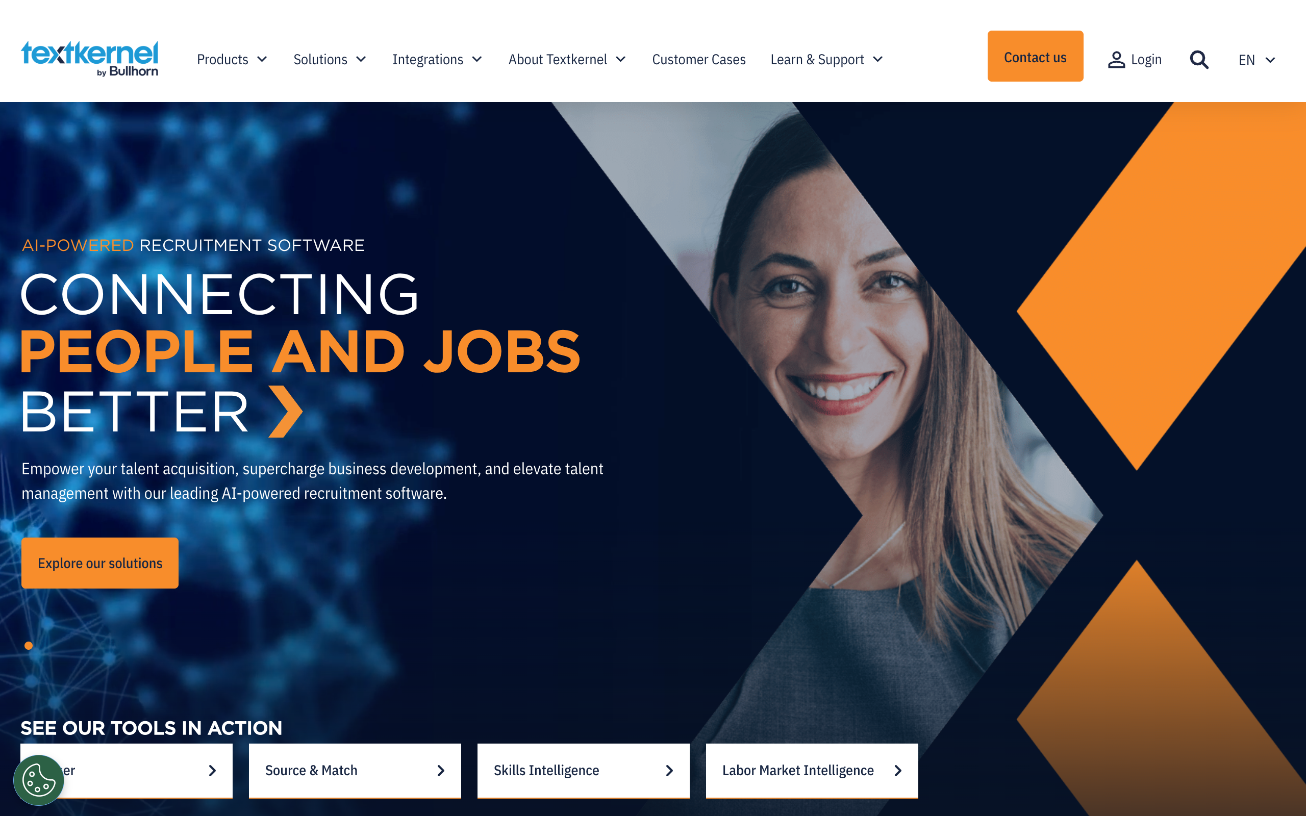 Textkernel homepage, AI-powered recruitment software for resume parsing and matching