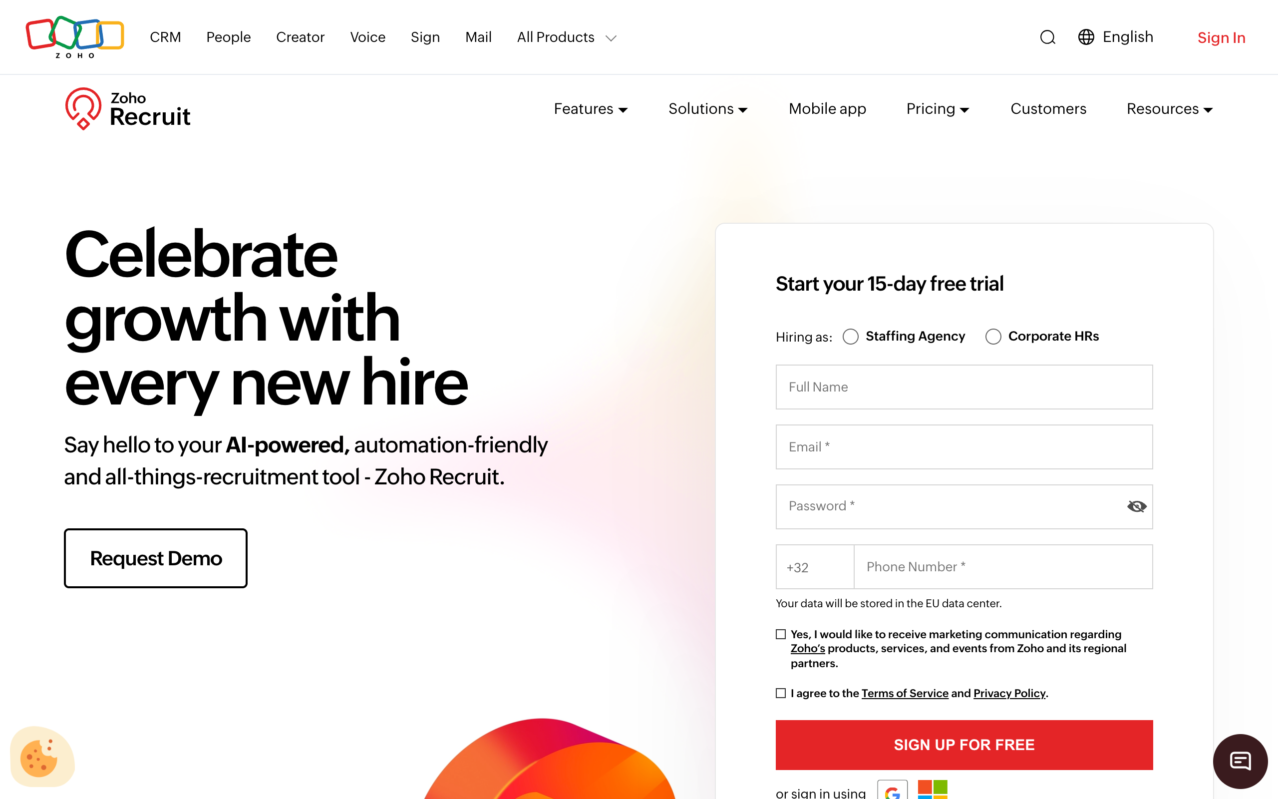 Zoho Recruit homepage, an ATS with the Zia AI assistant for resume parsing and matching