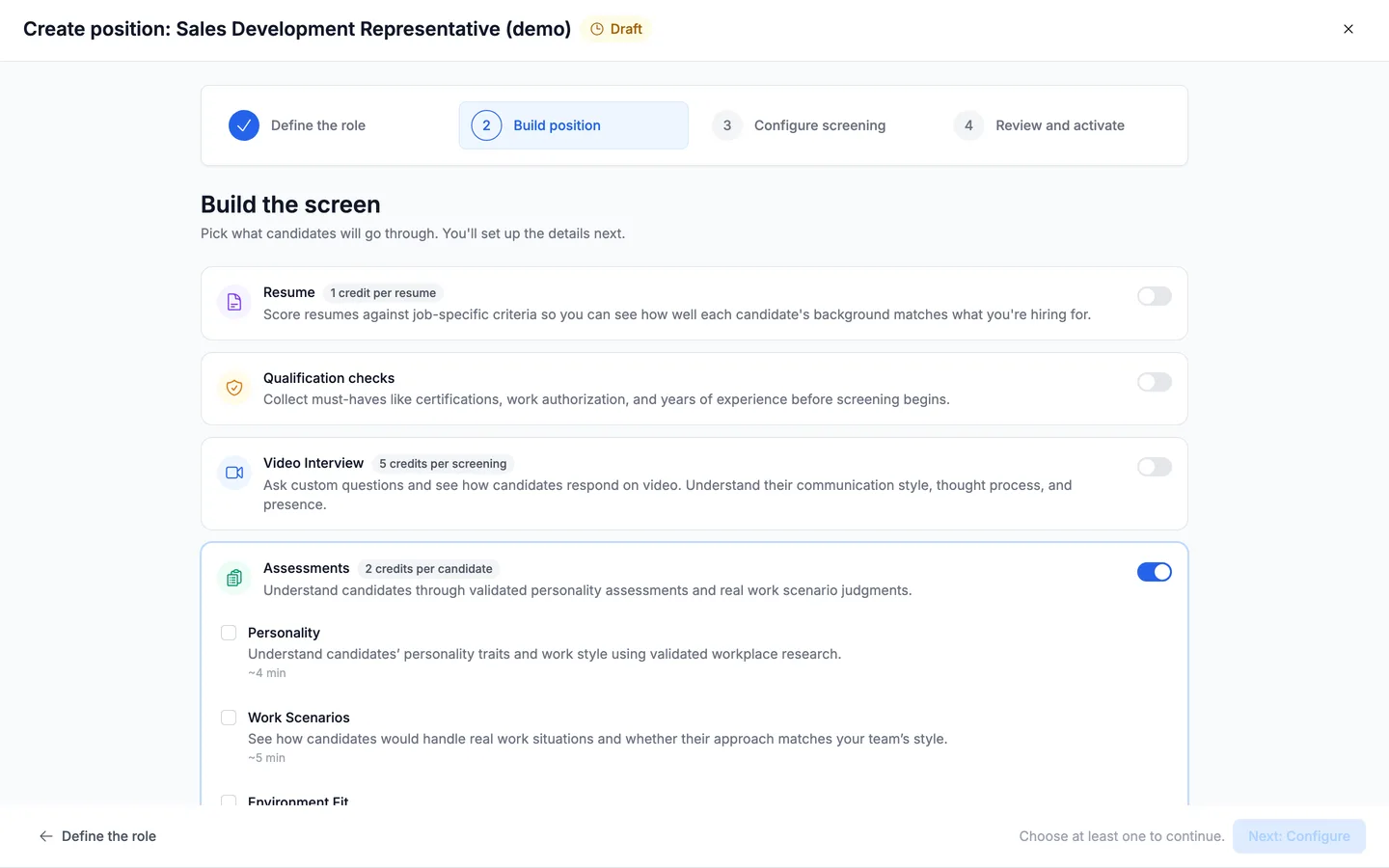 The Assessments section expanded, showing Personality, Work Scenarios and Environment Fit with their descriptions and estimated durations.