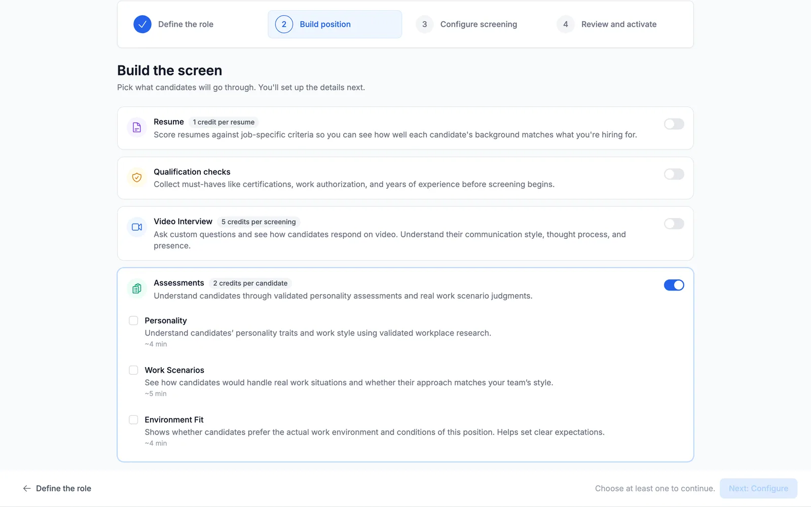 The Assessments section expanded, showing Personality, Work Scenarios and Environment Fit with their descriptions and durations.