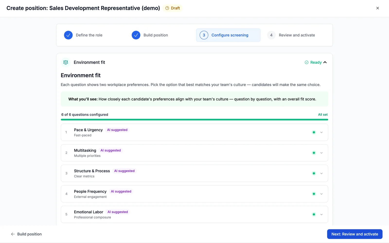 Six suggested environment fit questions, each tagged AI suggested with an answer already selected, and the progress bar reading All set.