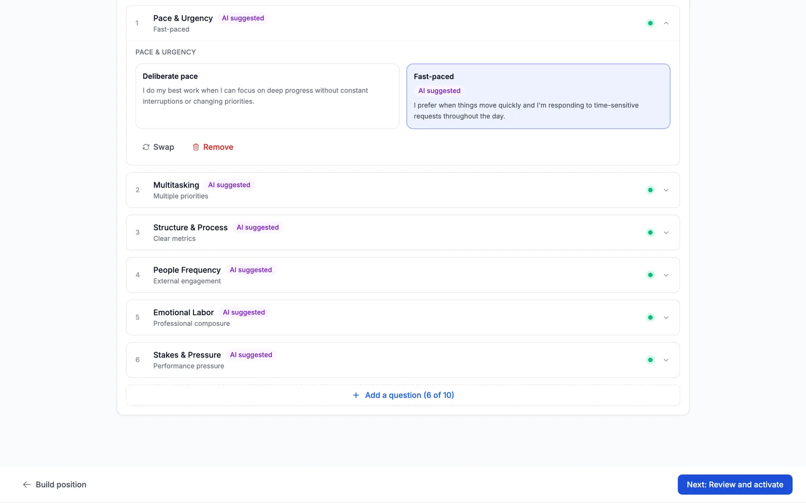 An expanded question showing both workplace preferences side by side, with the AI-suggested option selected and Swap and Remove actions beneath.