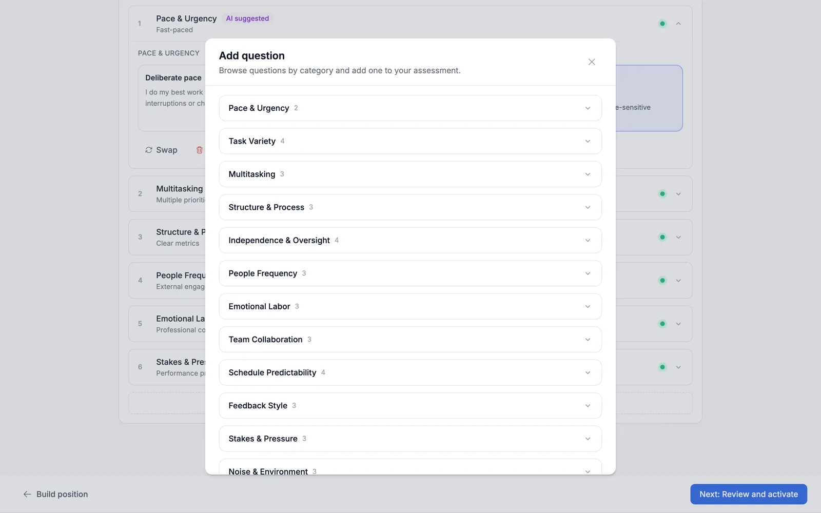 The question library open, listing questions grouped by categories such as Task Variety, Multitasking and Schedule Predictability.