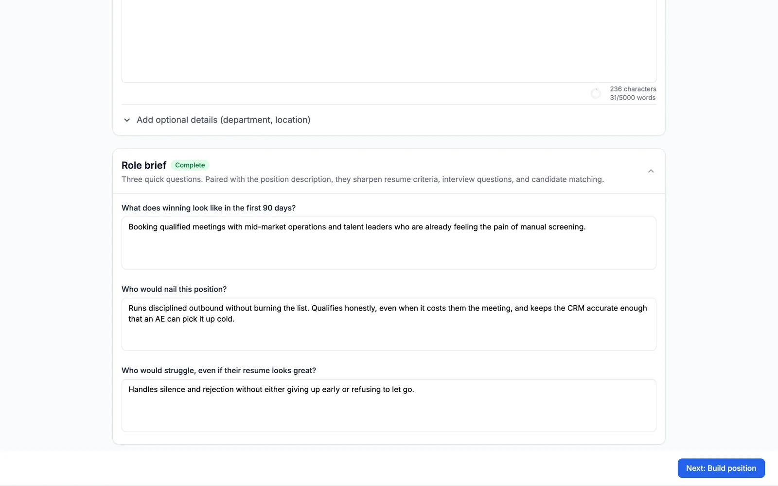 The Define the role step with the job description and role brief filled in.