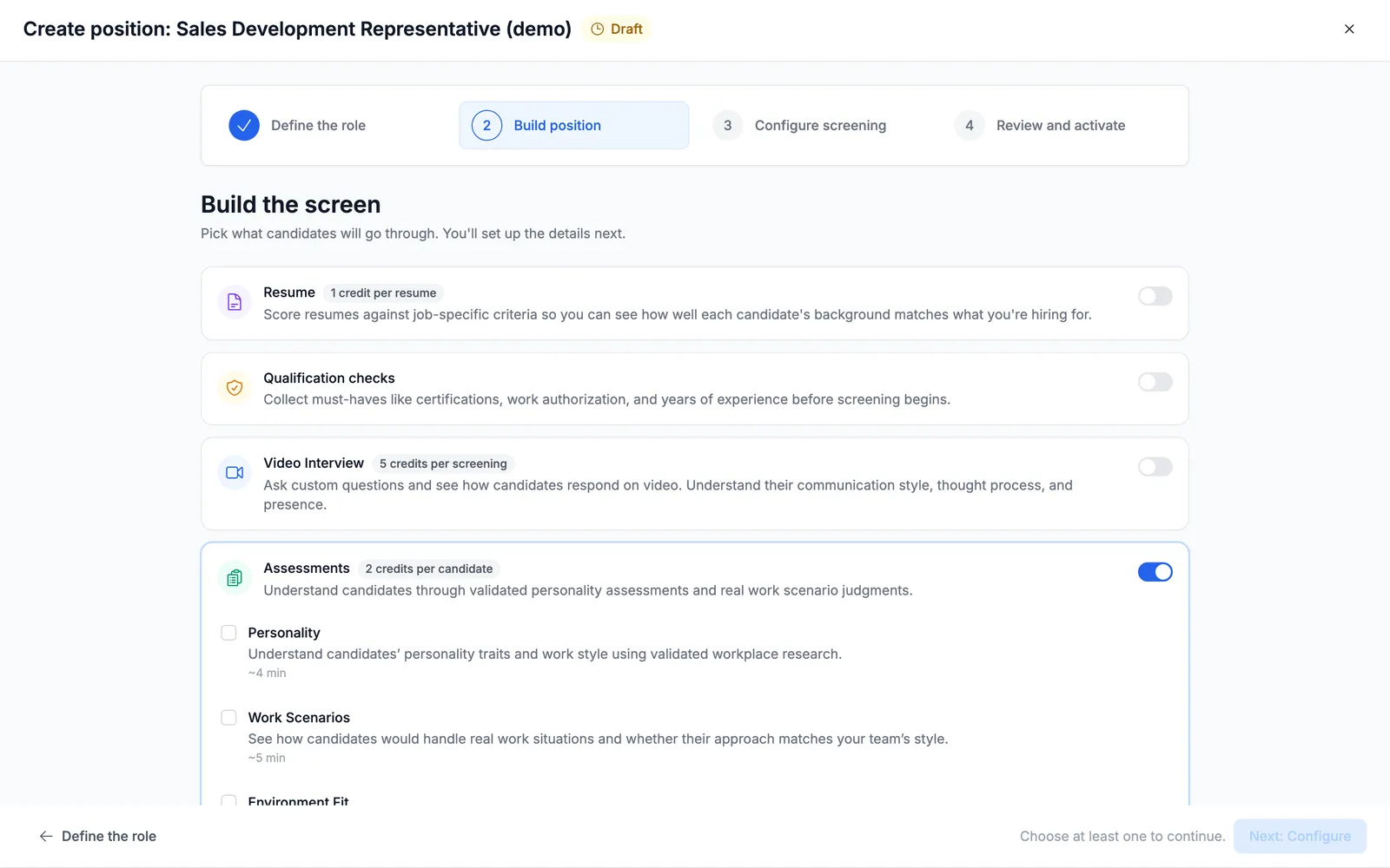 The Assessments section expanded, showing Personality, Work Scenarios and Environment Fit with their descriptions and durations.