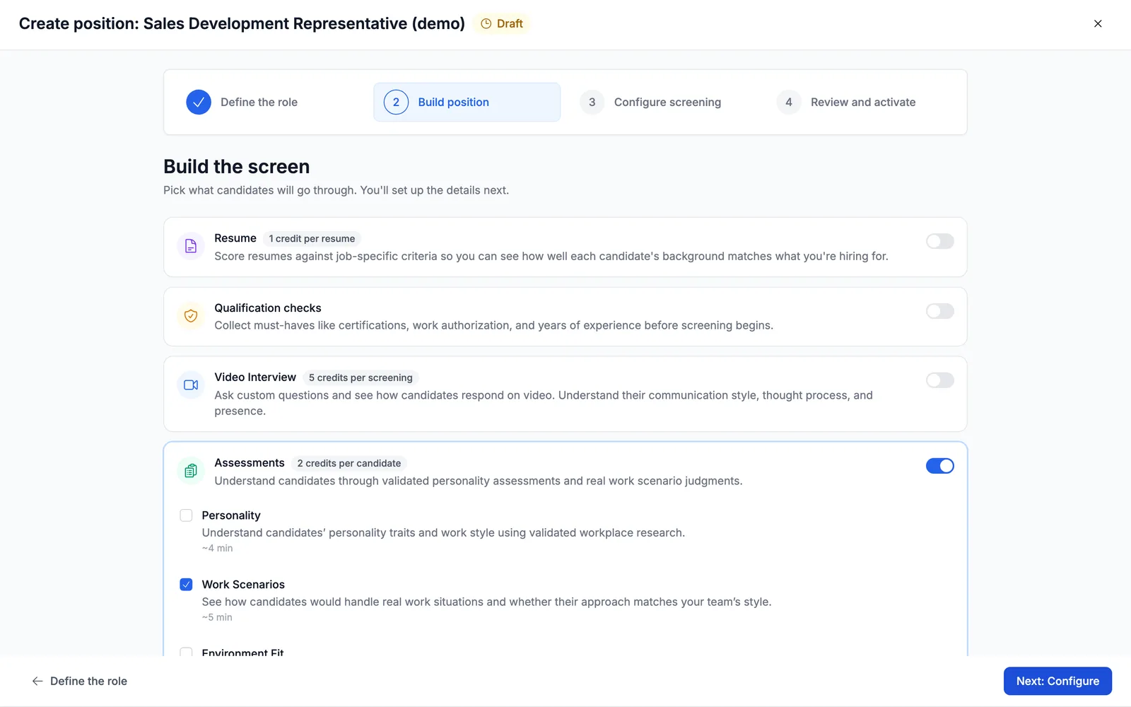 Work Scenarios selected as the only screening component, with the Next button still enabled.