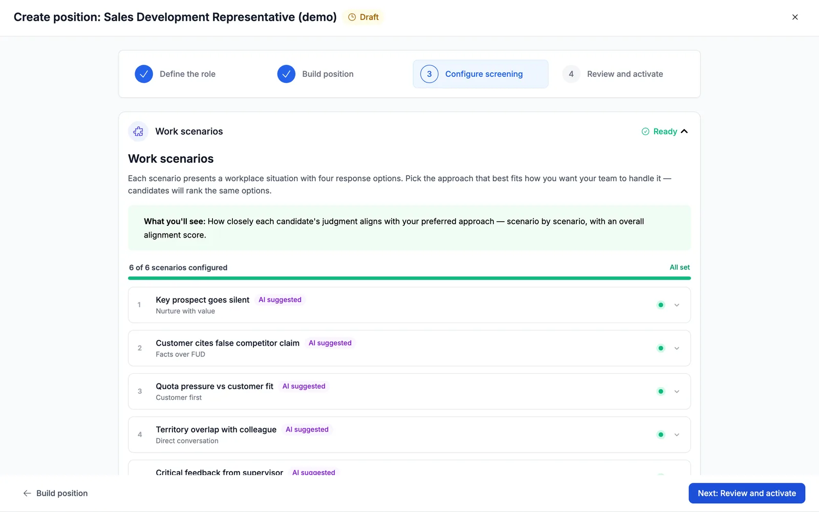 Six suggested work scenarios, each tagged AI suggested with an approach already selected, and the progress bar reading All set.