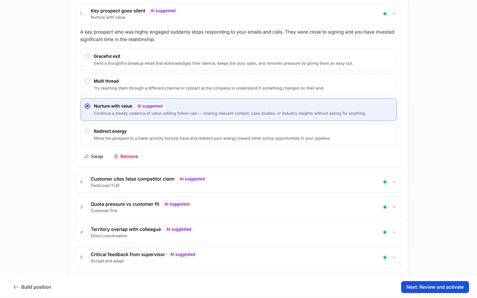 An expanded scenario showing all four response approaches, with the AI-suggested option selected and Swap and Remove actions beneath.