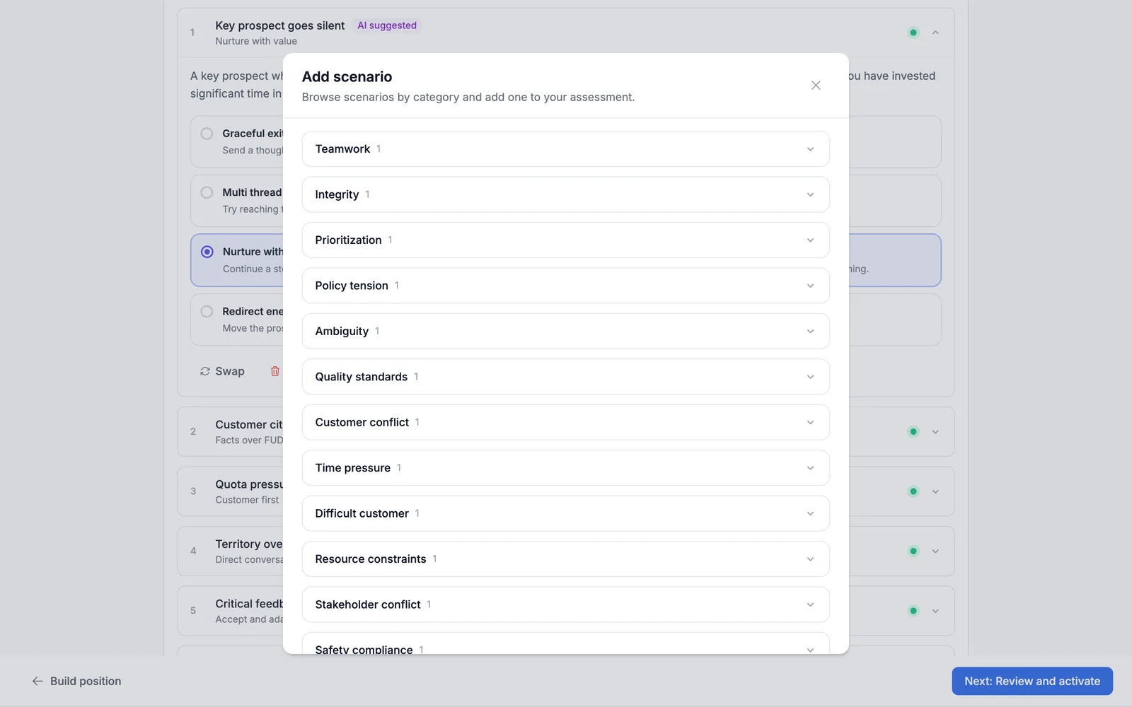 The scenario library open, listing scenarios grouped by category such as Teamwork, Integrity and Prioritization.