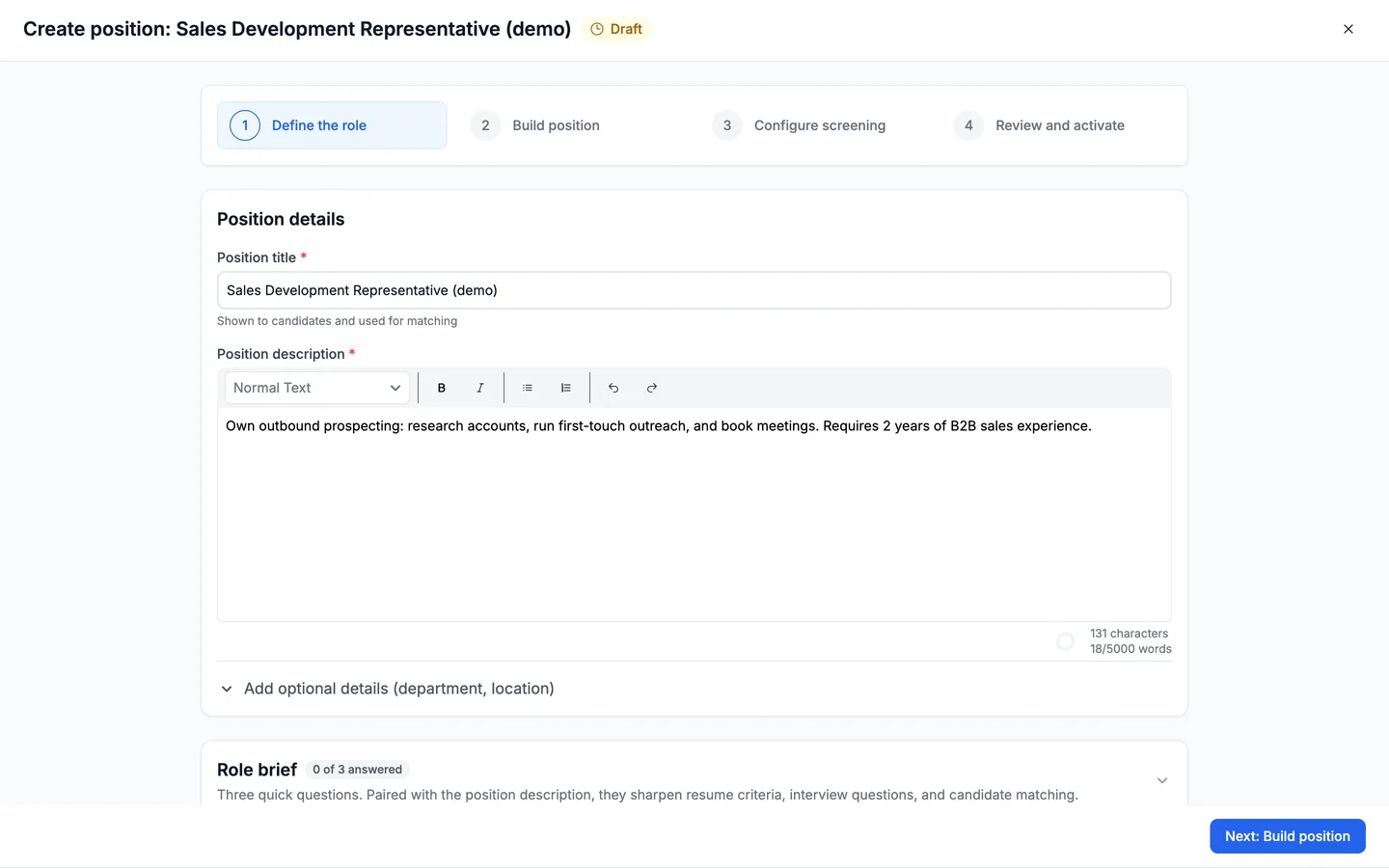 The Define the role step of the Truffle position wizard, with a position title and description filled in.