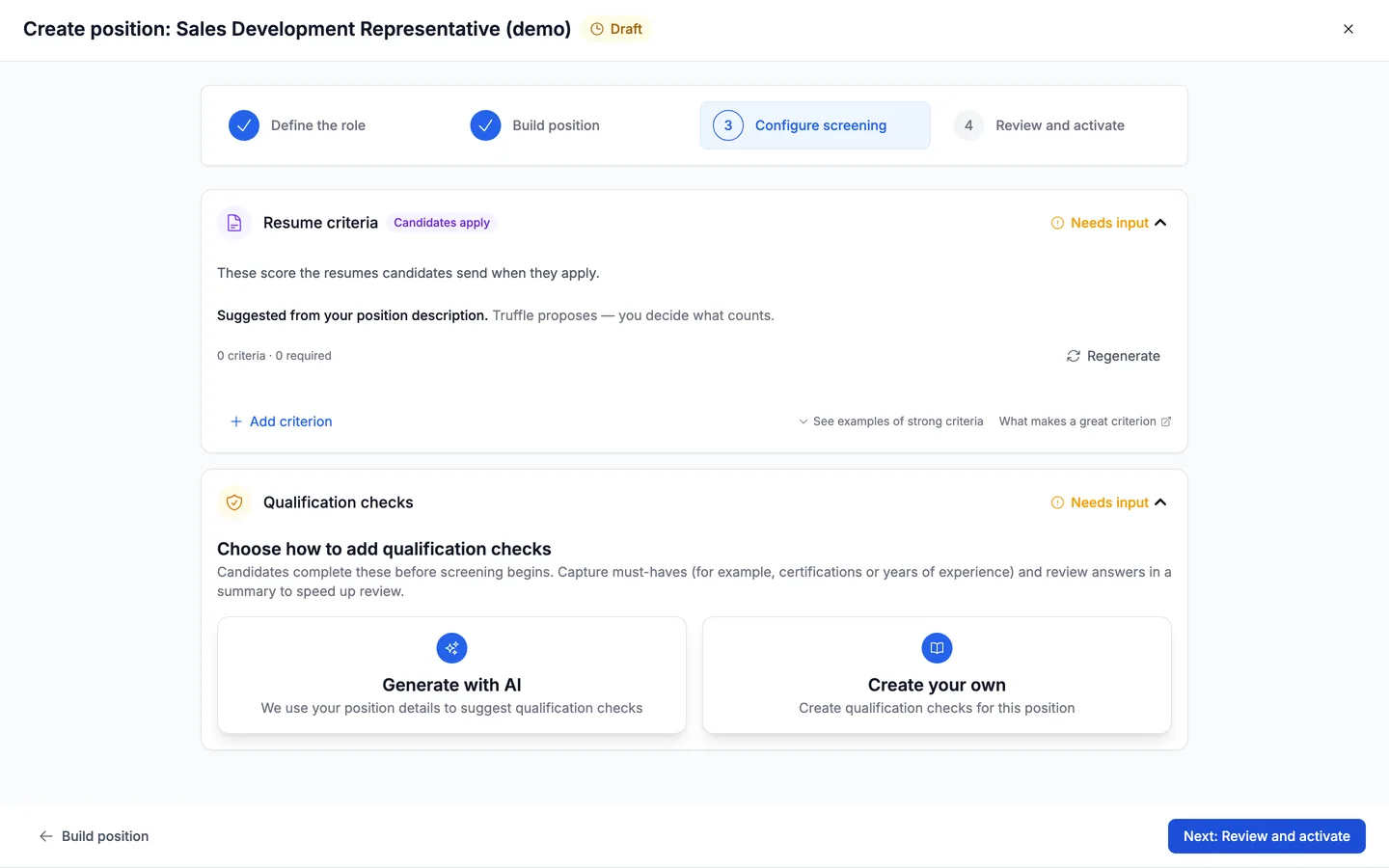 The Configure screening step showing Resume criteria (suggested from the description) and Qualification checks with Generate with AI or Create your own.