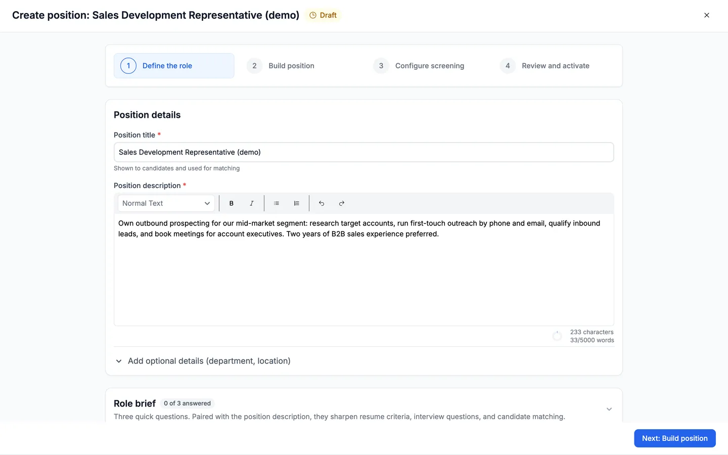 The Define the role step of the Truffle position wizard, with a position title and job description filled in, and the four-step stepper across the top.