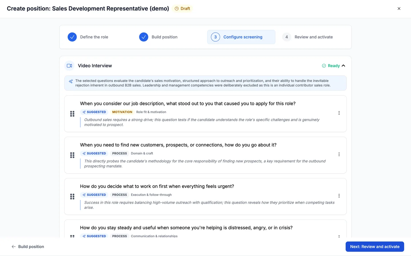 The Configure screening step with five AI-drafted interview questions, each badged Suggested with a competency tag and a one-line rationale, under a note summarizing what the set covers.