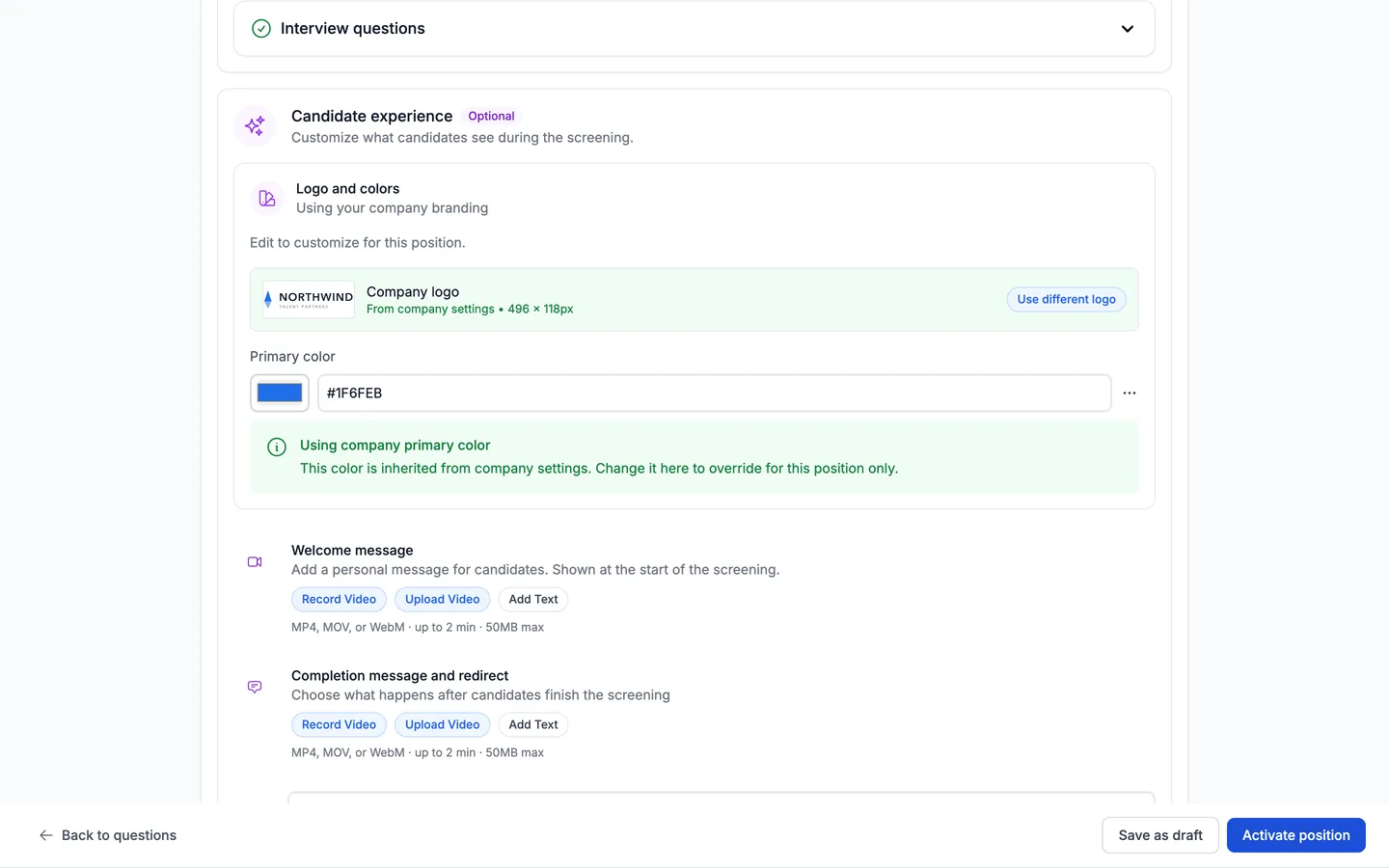 The Review and activate step showing the Candidate experience section with the company logo and primary color inherited from company settings, and welcome and completion message options.