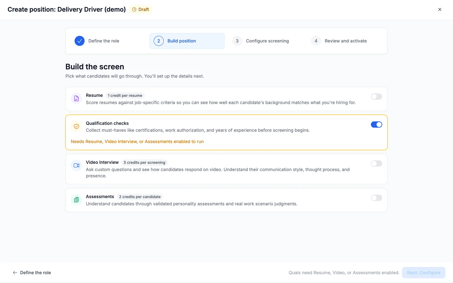The Build the screen step with Qualification checks switched on alone, showing the footer message that quals need Resume, Video, or Assessments enabled and a disabled Next button.