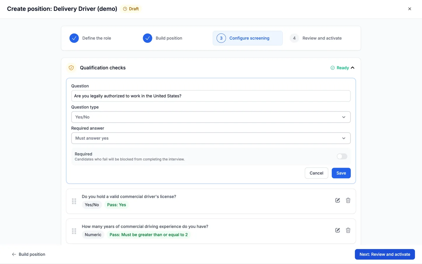 The qualification check editor showing Question type, Required answer, and the Required toggle with its explanation that candidates who fail will be blocked from completing the interview.