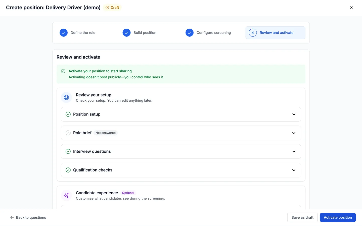The Review and activate step listing the position setup with the qualification checks included.