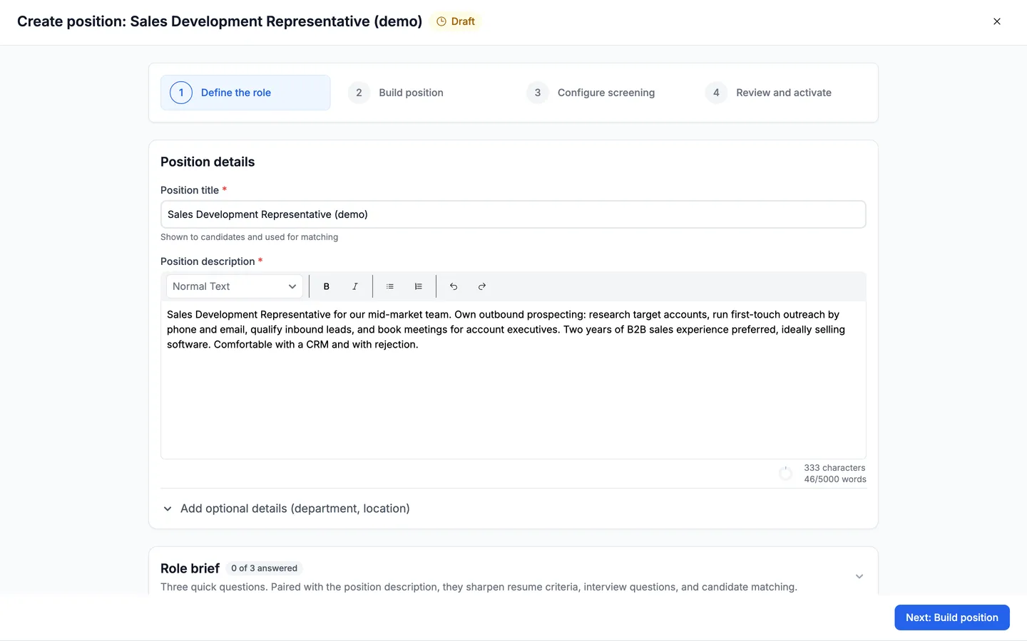 The Define the role step with a Sales Development Representative title and a job description naming the experience, setting, and tools the role needs.