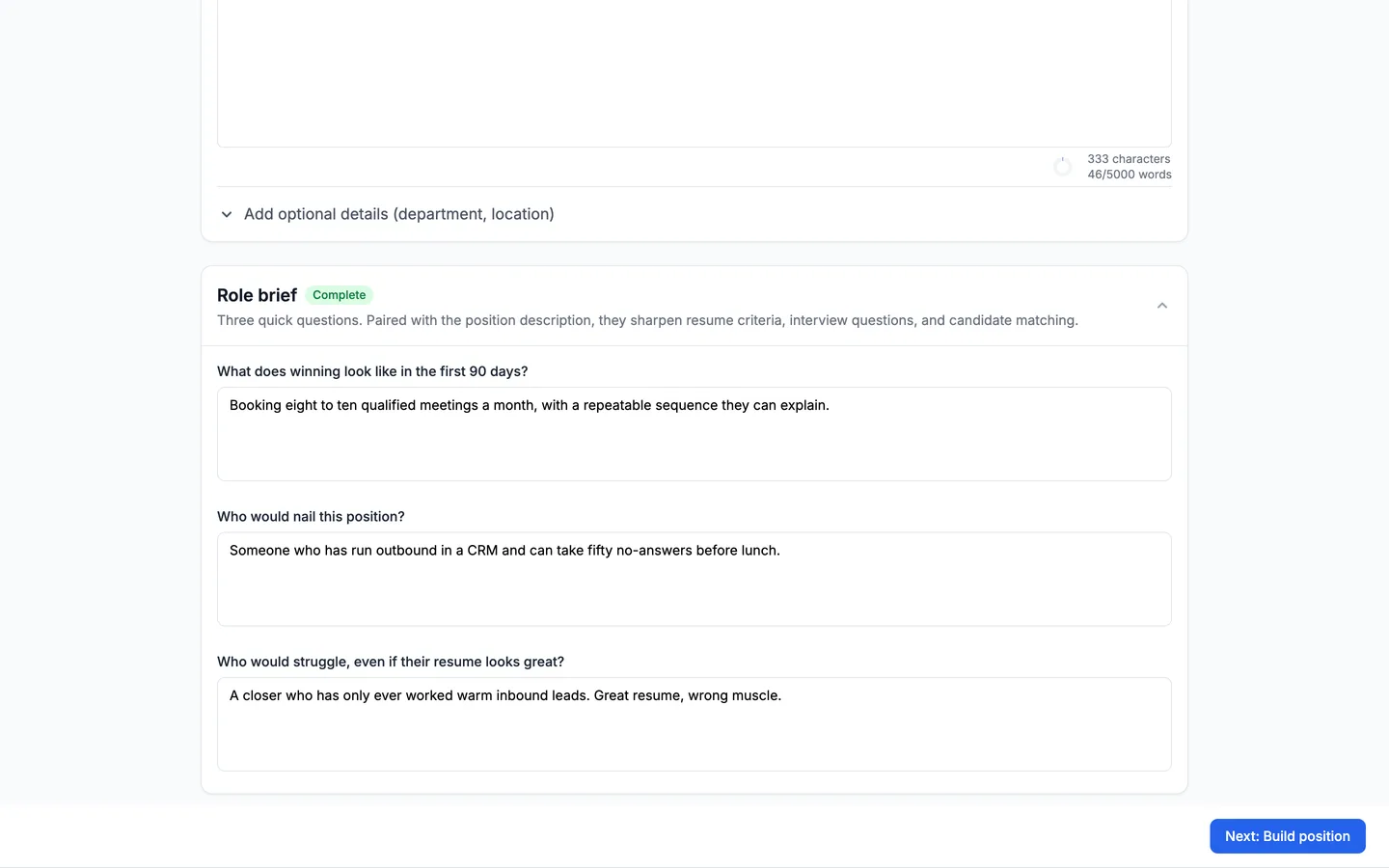 The Role brief card with all three questions answered and its status showing Complete.