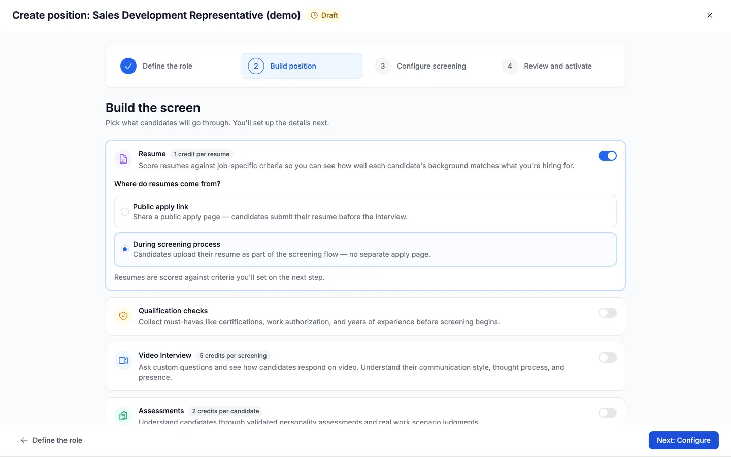 The Resume component switched on, showing the choice between a public apply link and collecting resumes during the screening process.