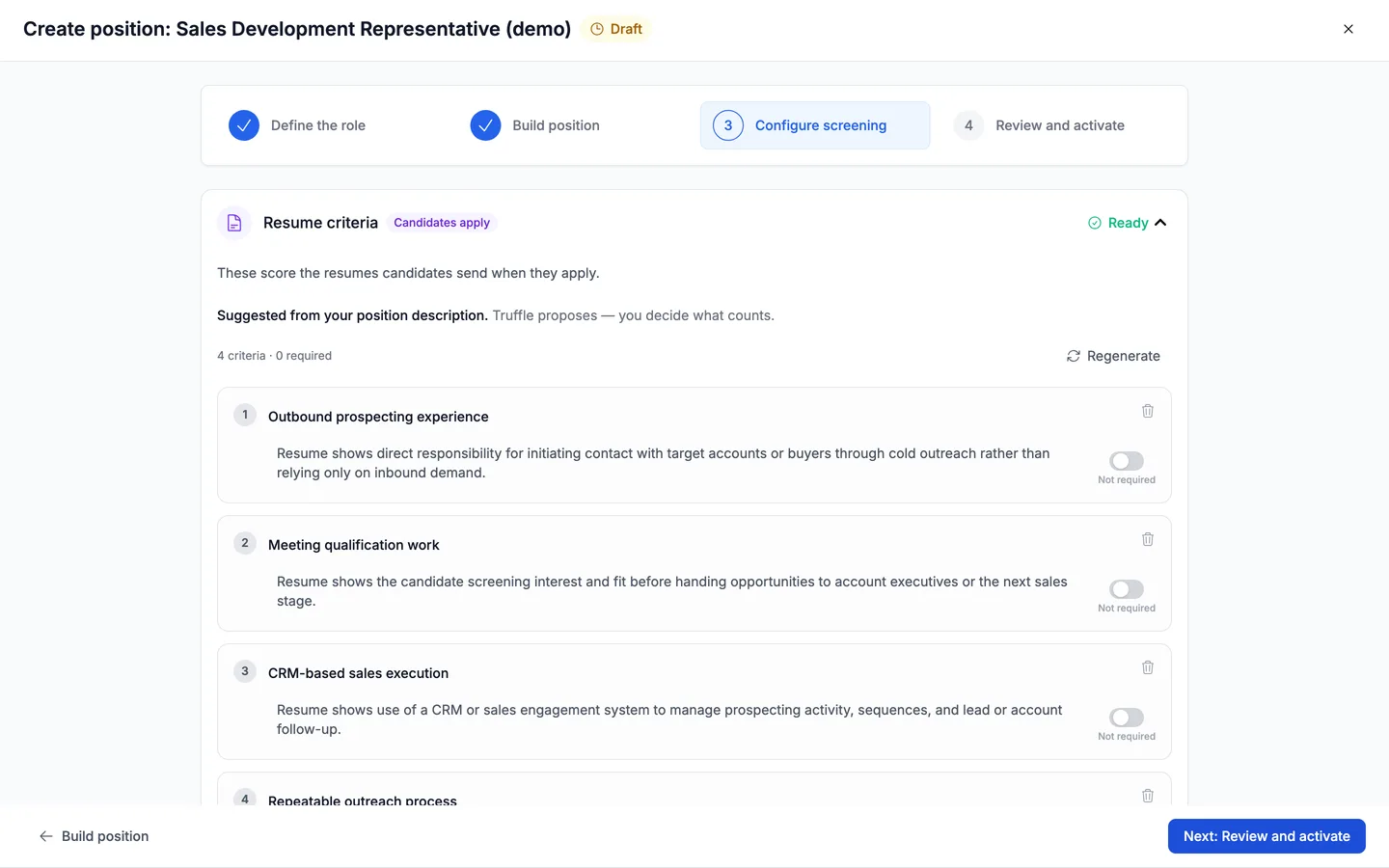 The Resume criteria section marked Ready, showing the drafted criteria with Regenerate and Add criterion controls.