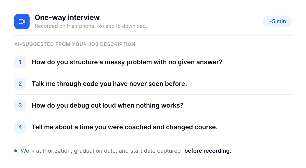 A one-way interview with four AI-suggested questions, recorded on the candidate's phone