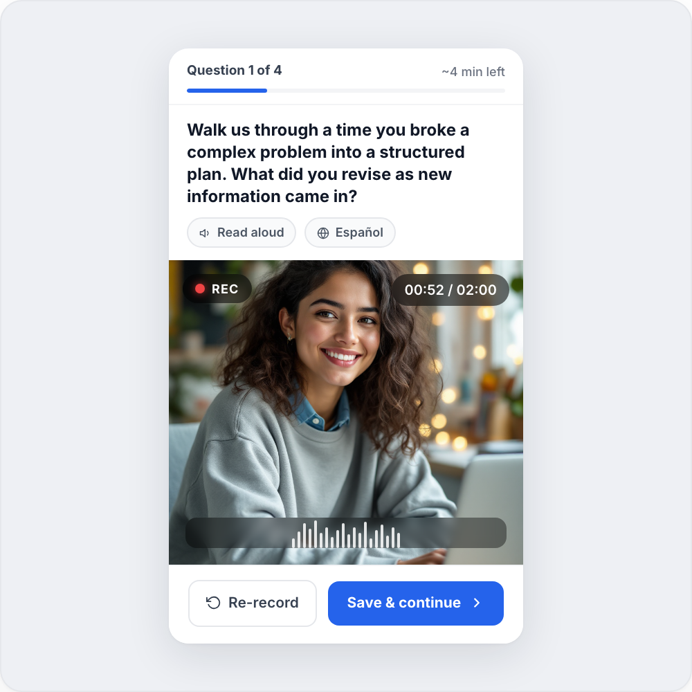 Mobile candidate experience for a campus one-way video interview