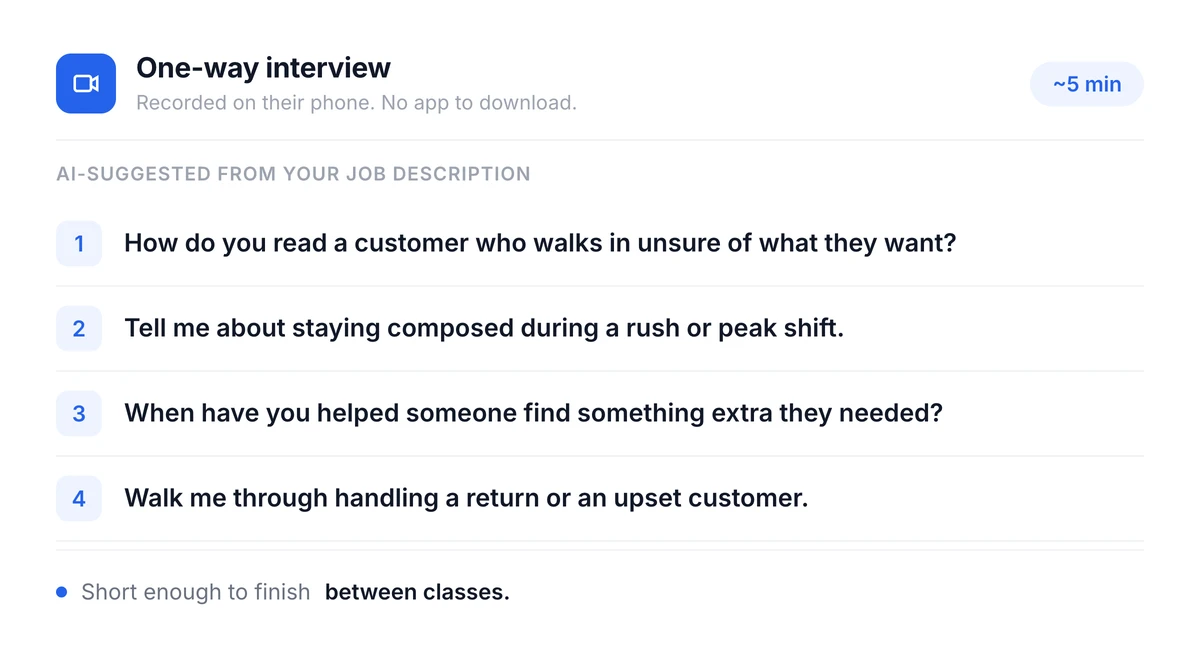 A one-way interview with four AI-suggested questions, recorded on the candidate's phone