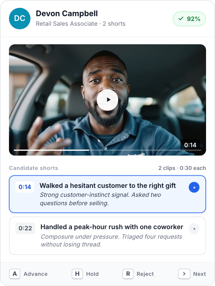 Truffle Magic Review on mobile with Candidate Short and match score for a retail candidate